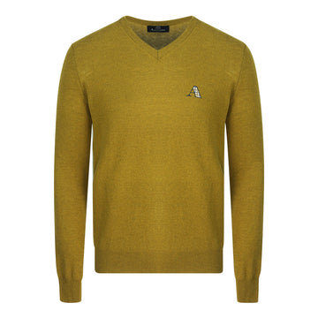 Aquascutum Check A Logo Dark Yellow V-Neck Jumper - Nova Clothing