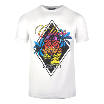 Cavalli Class Diamond Tiger Design White T-Shirt