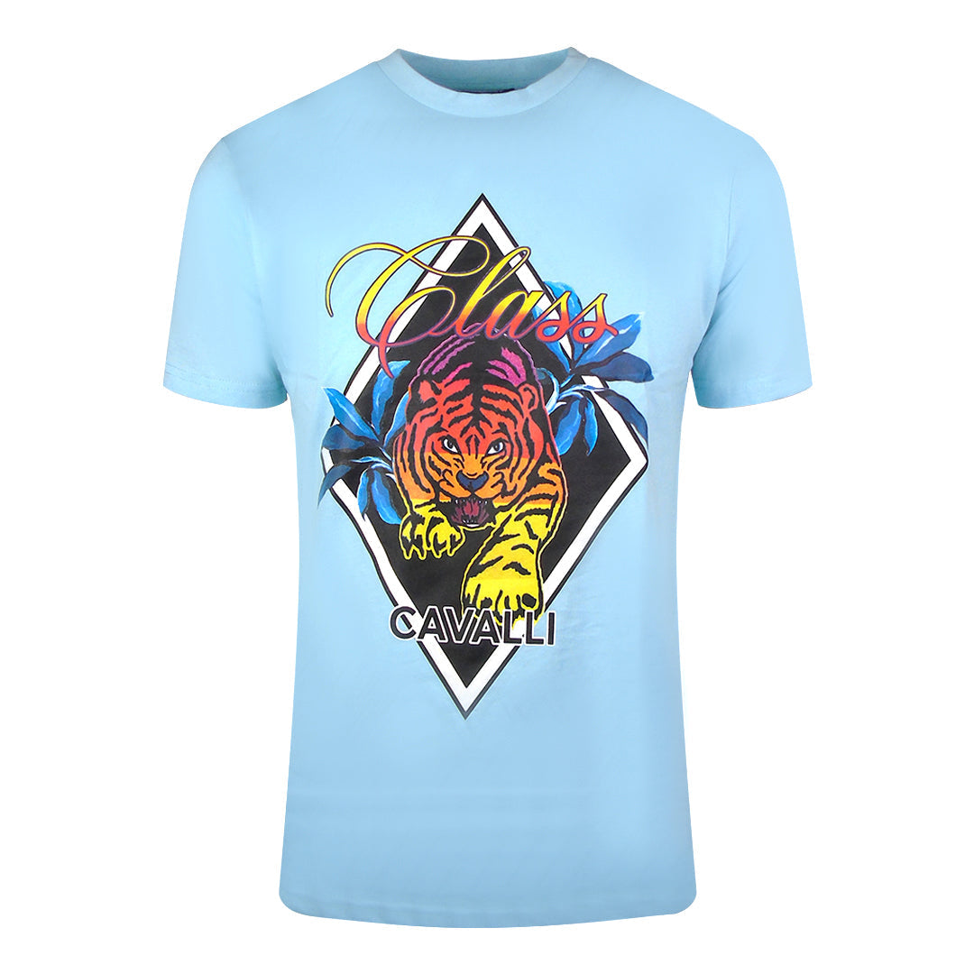 Cavalli Class Diamond Tiger Design Light Blue T-Shirt